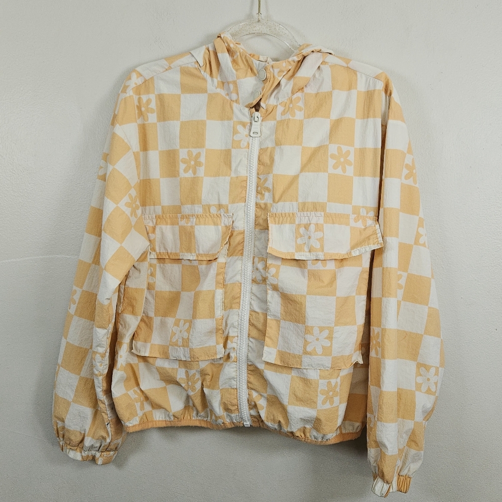 Zara Kids Windbreaker Checkered Floral Jacket Hood Long Sleeve Peach White 11-12